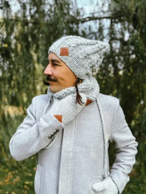 Męska czapka MERINO Smile "Wybielony szary" + podszewka JEDWAB