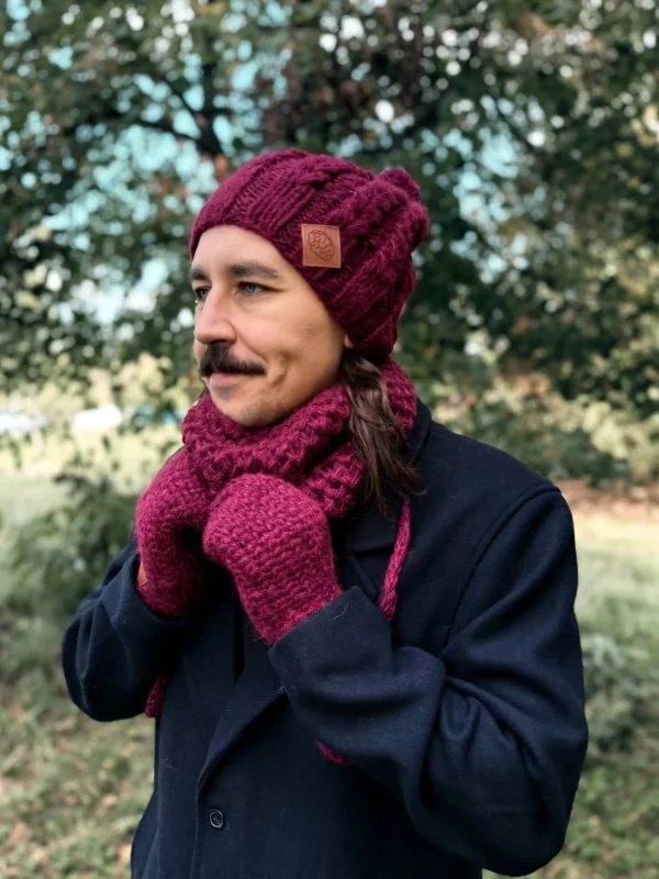 Męska czapka MERINO Smile "Bordo" + podszewka JEDWAB
