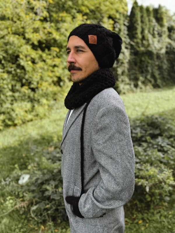 Męska czapka MERINO Smile "Czarny" + podszewka JEDWAB