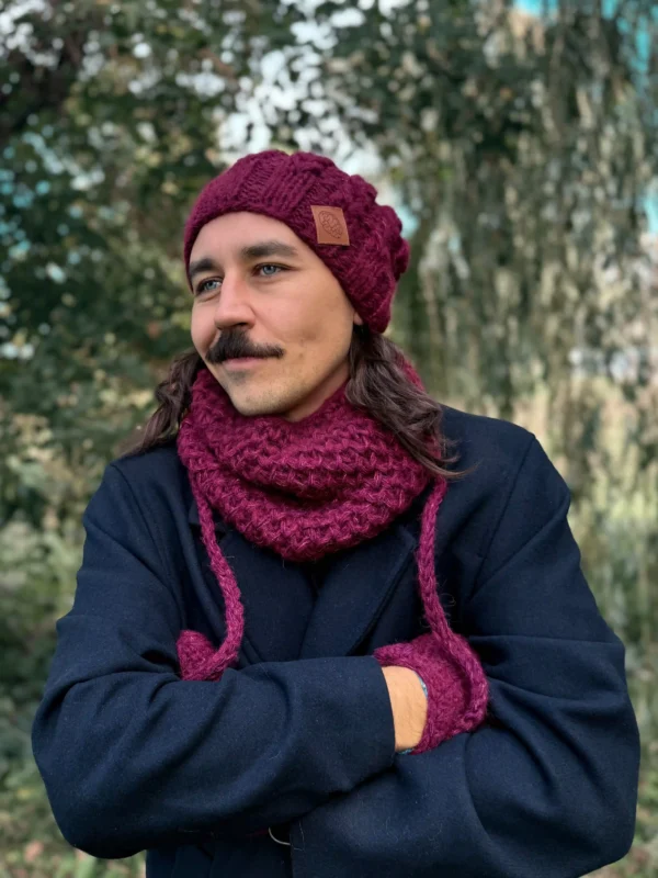 Męska czapka MERINO Smile "Bordo" + podszewka JEDWAB