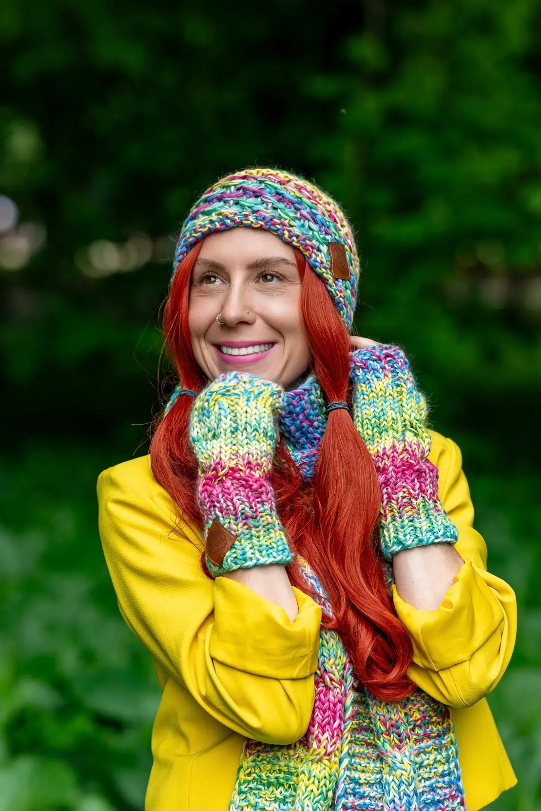 Mitenki MERINO 100% "Cukierki" 48 czapka damska z podszewką