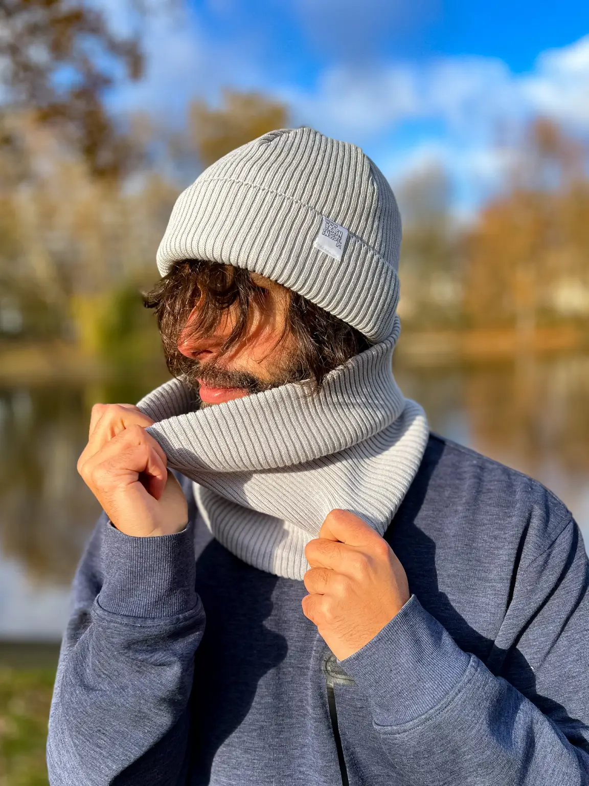 Męski bawełniana bandana zimowa "Jasny szary” 18 Cieply bawelniany szalik – szary odcien
