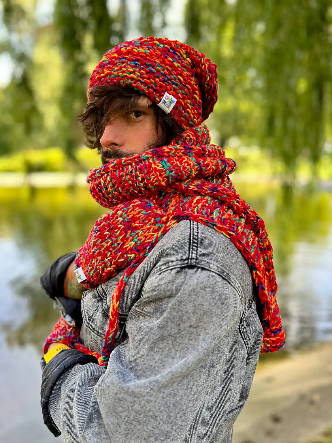 Męski SZAL MERINO 34% "Czerwienie szalik" 31 Czerwony meski szal handmade