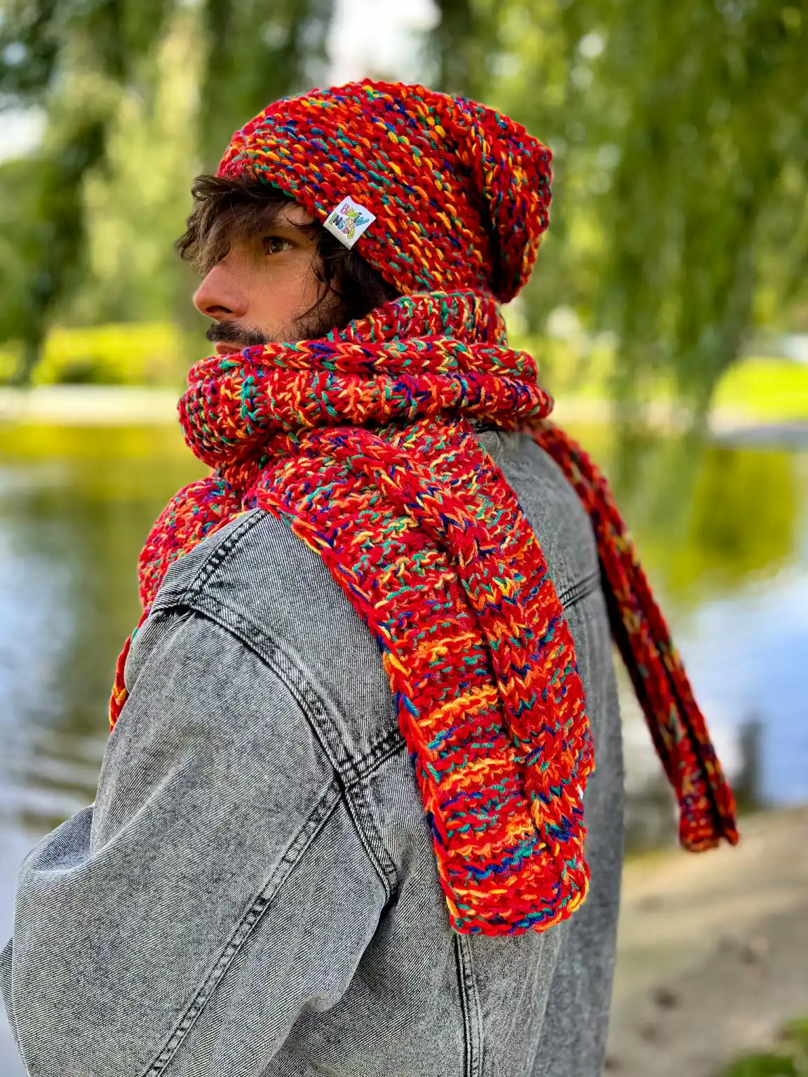 Męski SZAL MERINO 34% "Czerwienie szalik" 29 GLOWNE Meski szal handmade kolorowy