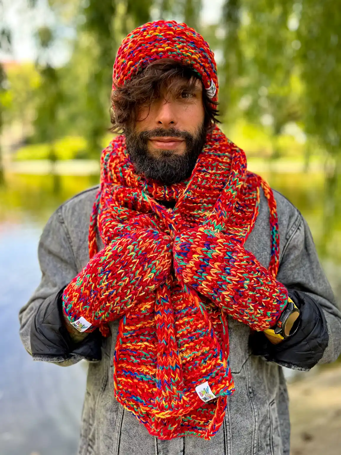 Męska czapka MERINO 50% bez pompona NEVERLAND "Czerwienie" 48 Meska czapka handmade z podszewka