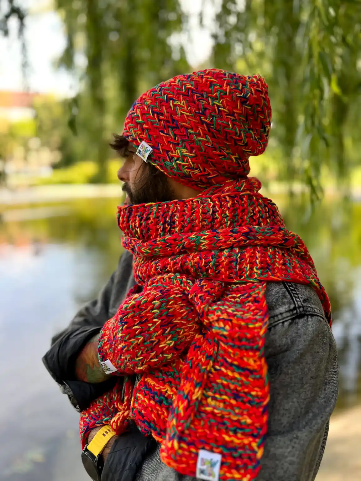 Męska czapka MERINO 50% EXPLORER ,,Czerwienie" 180 Stylowa meska czapka handmade bez pompona