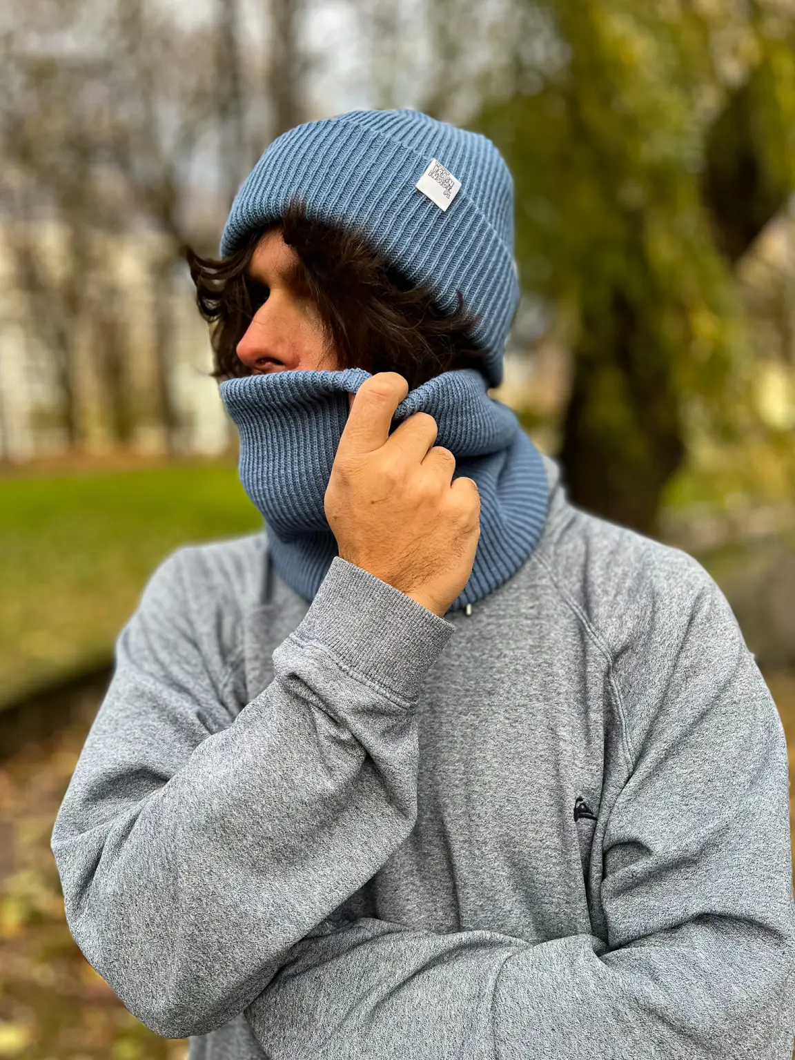 Męski zimowy BUFF "Brudny niebieski" 171 Stylowy brudnoniebieski meski szal