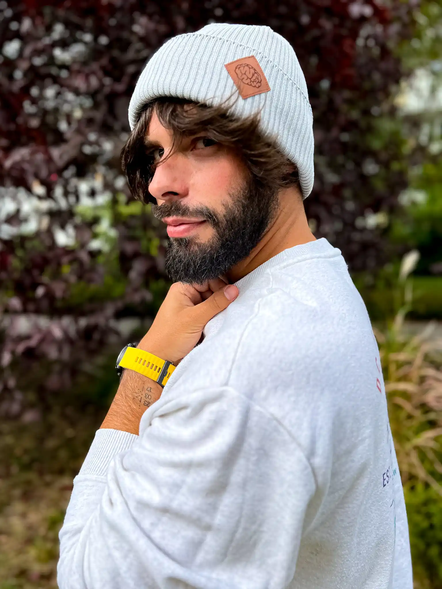 Męska bawełniana czapka beanie logo ekoskórka "Jasny szary" 160 Szara beanie meska z miekkiej bawelny