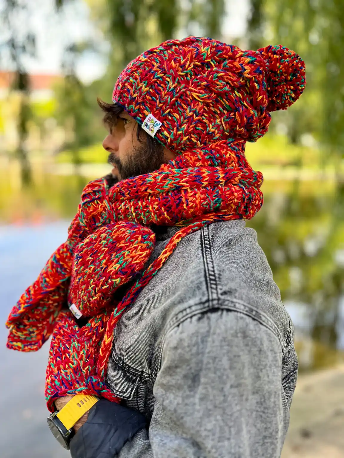 Męski SZAL MERINO 34% "Czerwienie szalik" 36 Unikalny meski szal handmade