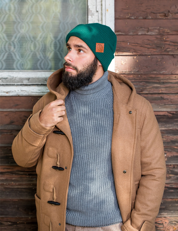 Męska czapka long logo ekoskórka "Zielony" 34 butelkowa beanie dla mezczyzn brain inside
