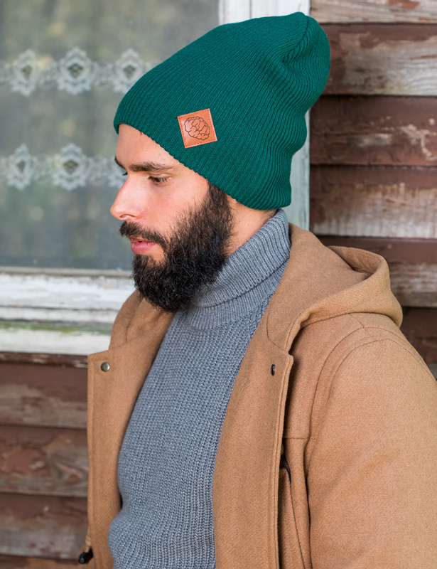 Męska czapka long logo ekoskórka "Zielony" 33 butelkowa beanie smerfetka czapka brain inside meska