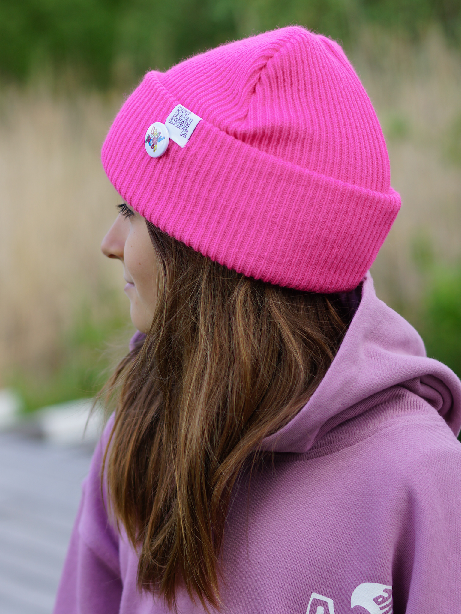 Czapka beanie dla dziecka logo kolorowe "Neonowy różowy" 40 czapka dla dziecko fluo pink Brain Inside 1