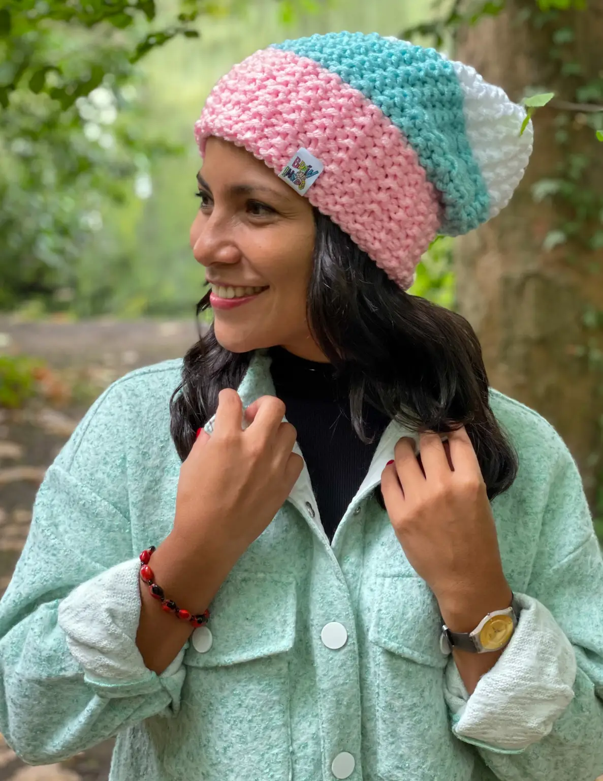 Luźna czapka zimowa NEVERLAND "Pastele paski" 140 czapka jasny róż merino