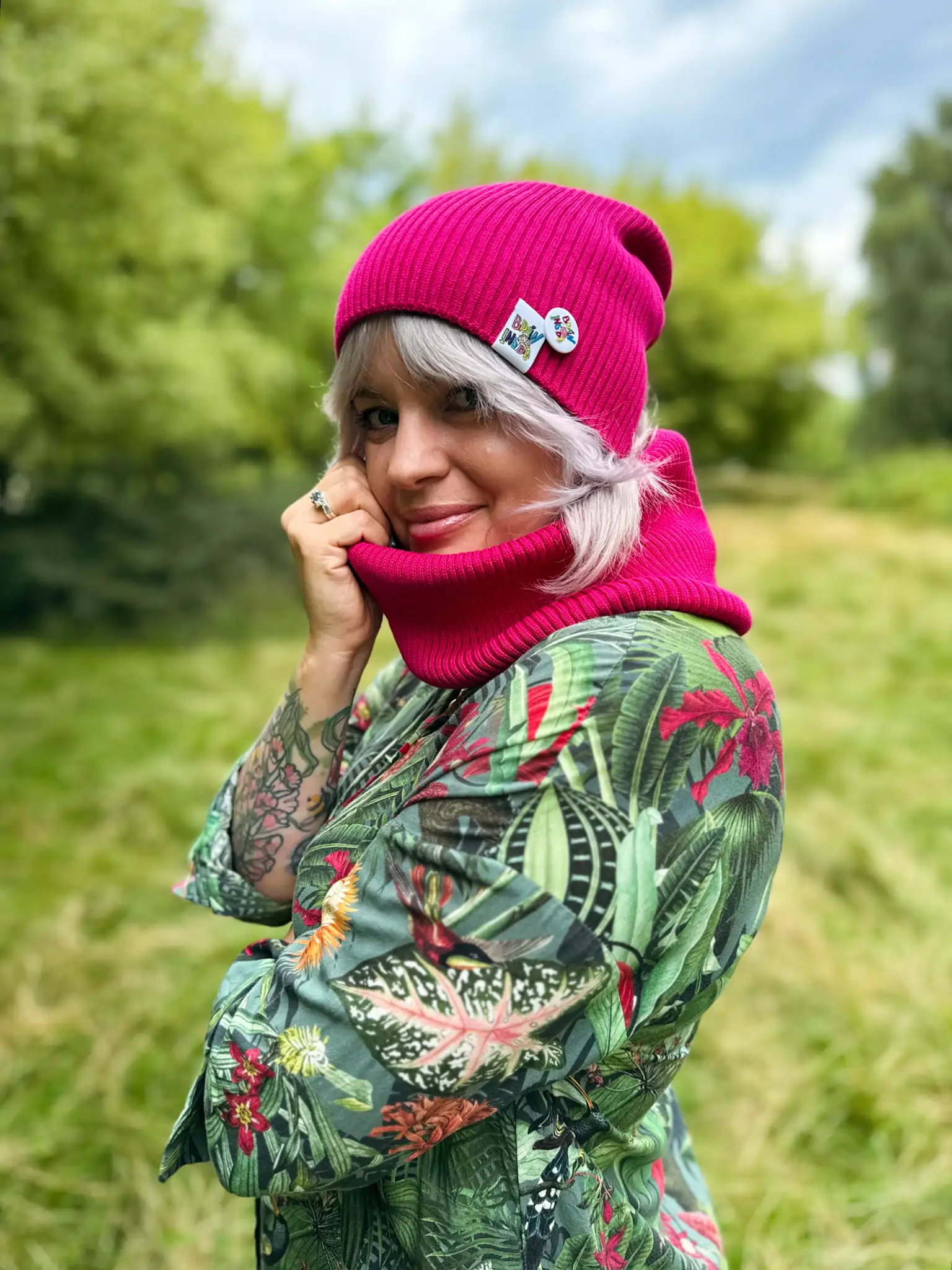 Bawełniany komin "Malina" 34 czapka na jesien sklad bawelna