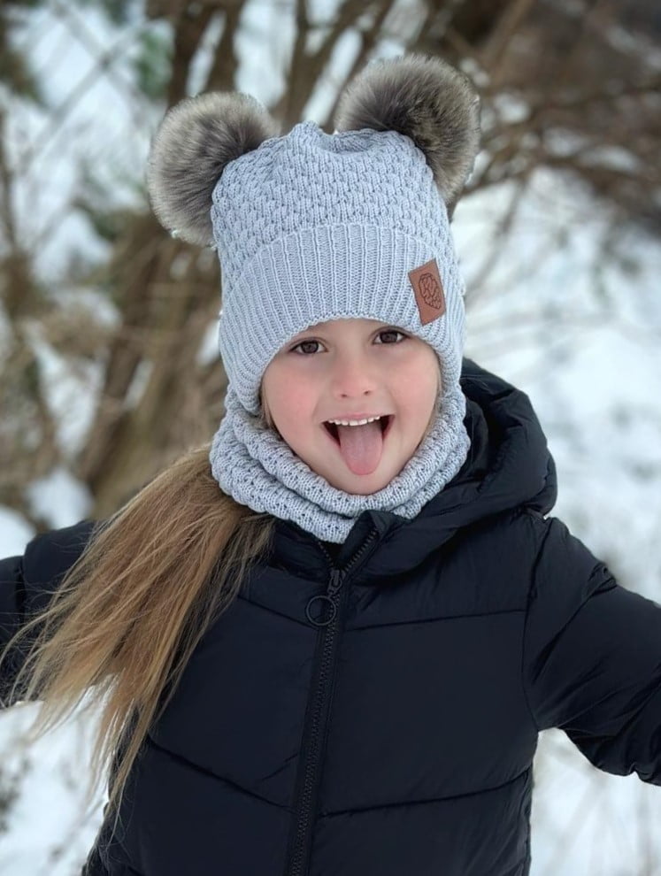 ZESTAW: bawełniana czapka dla dziecka z dwoma pomponami i komin "Jasny szary" 100 glowne dwa