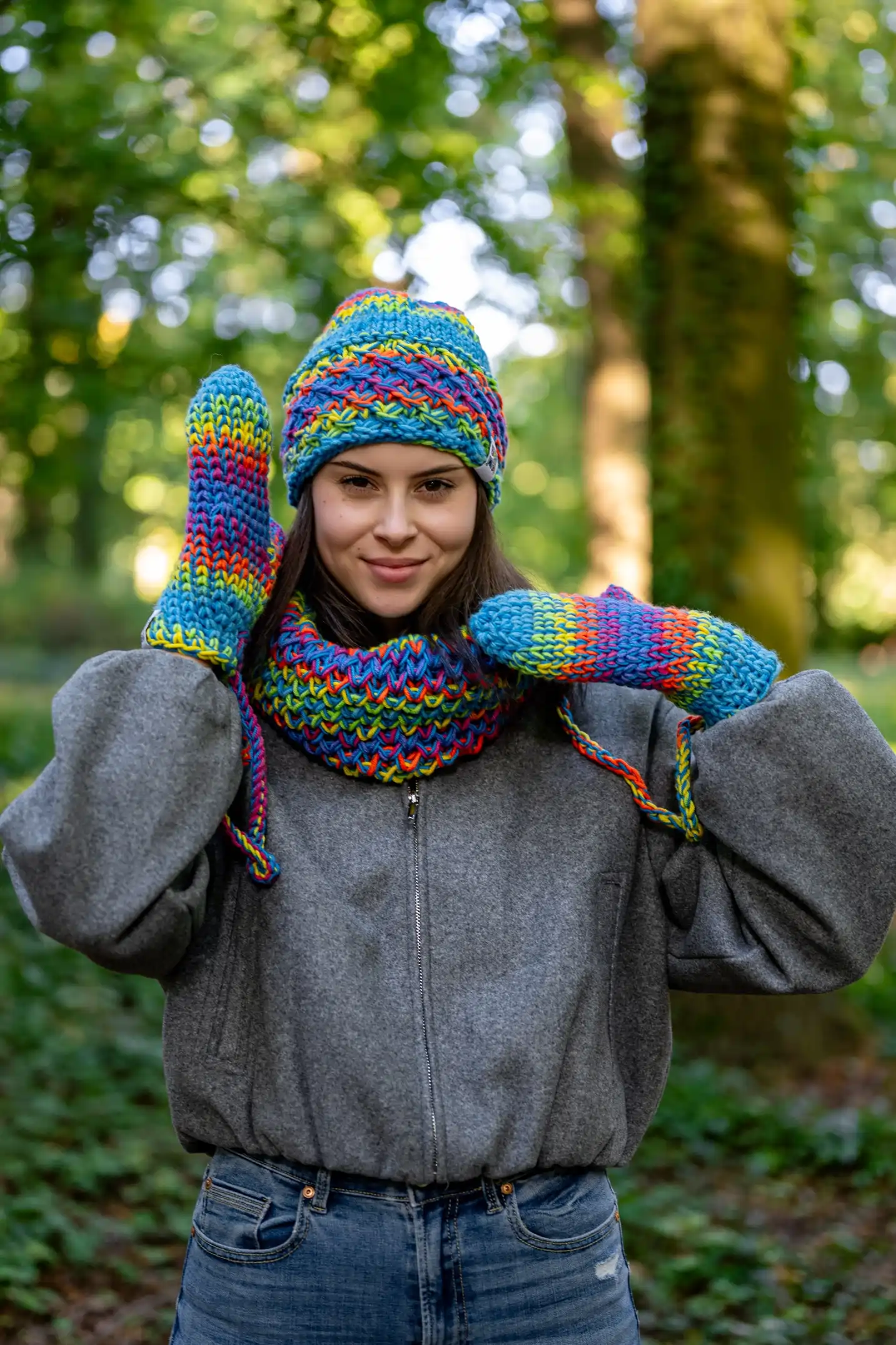 Mały komin MERINO 50% "Tęcza błękit" 41 kolorowy komplet na zime
