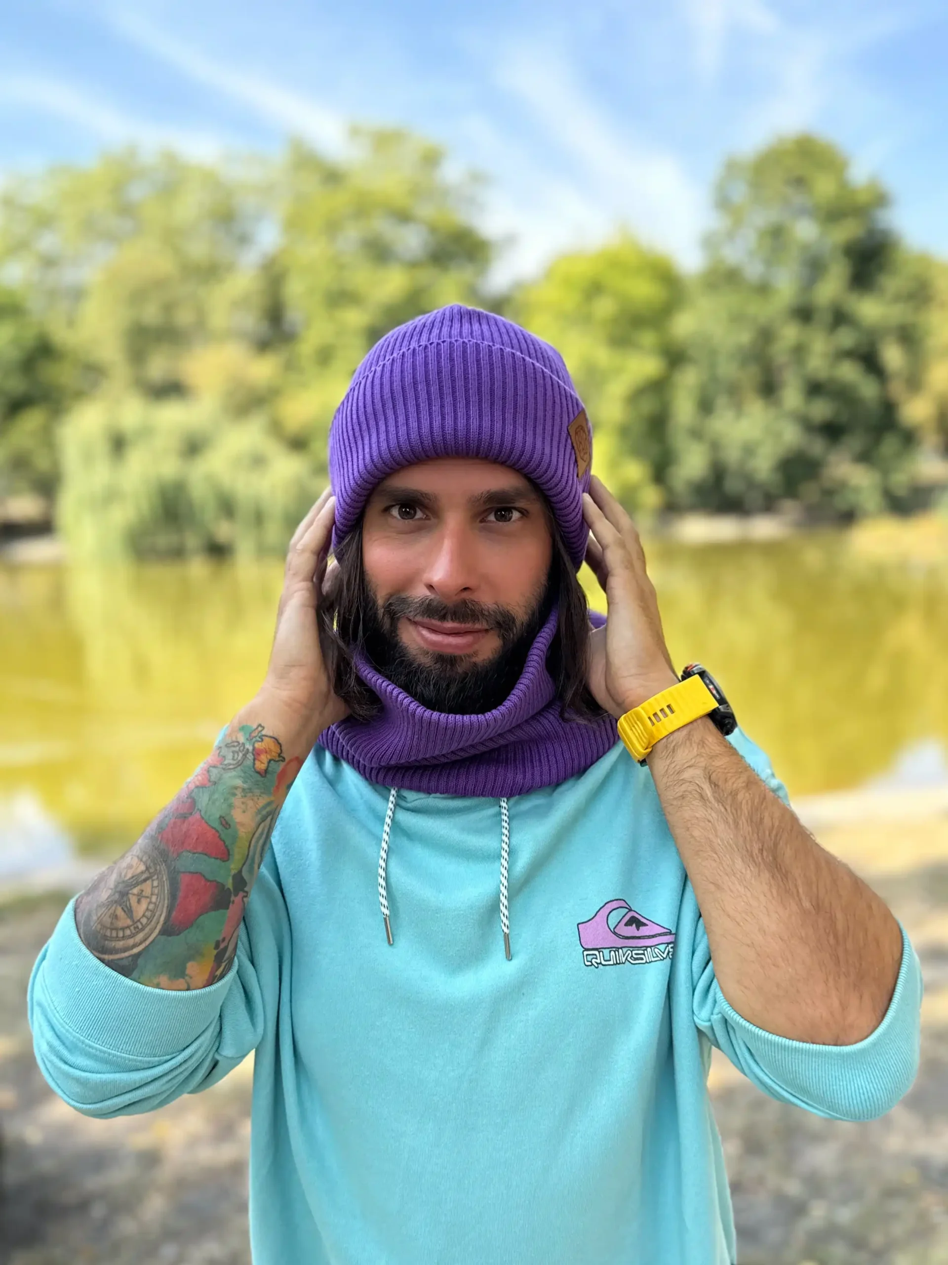 Męska bawełniana czapka beanie logo ekoskórka "Fiolet" 18 komin na szyje meski scaled 1