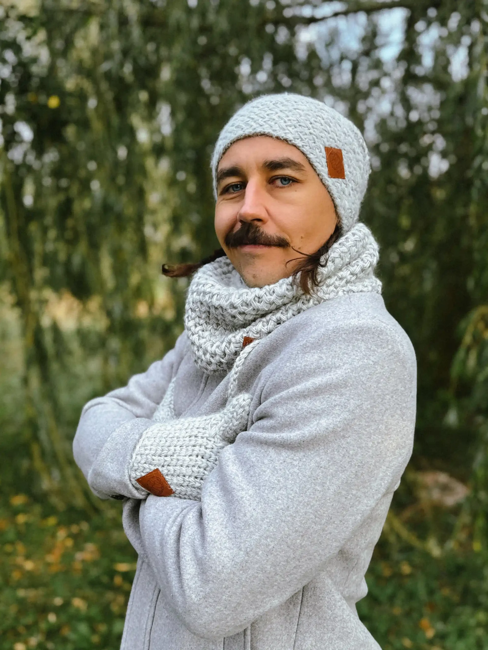 Męski mały komin MERINO "Wybielony szary" 124 komplet zimowy męski