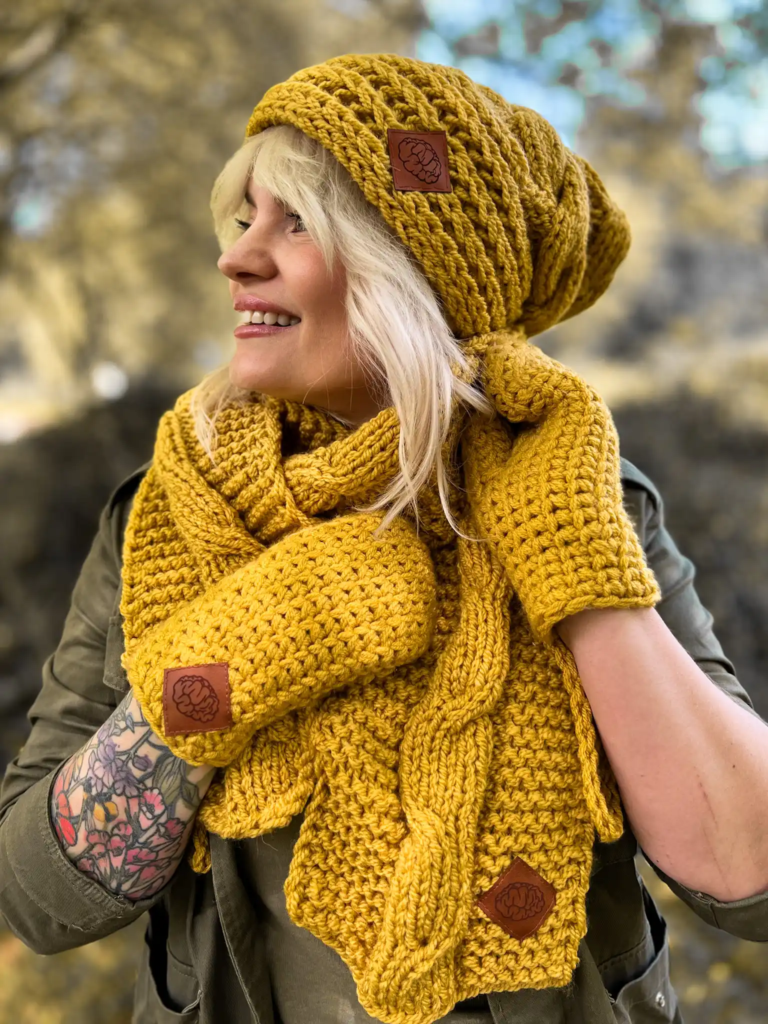 SZAL handmade "Miodowa musztarda szalik" 175 miodowy dziergany szal z dodatkiem wełny