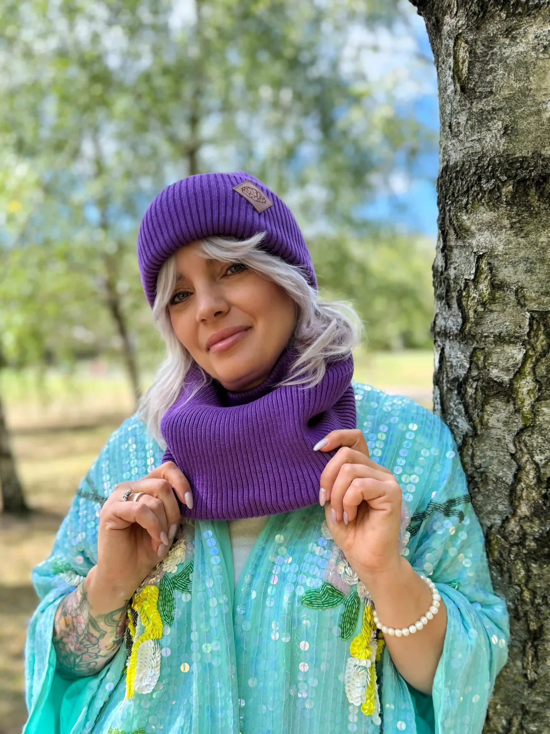 Bawełniana czapka beanie logo ekoskórka "Fiolet" 11 szal bawelna fiolet scaled 1