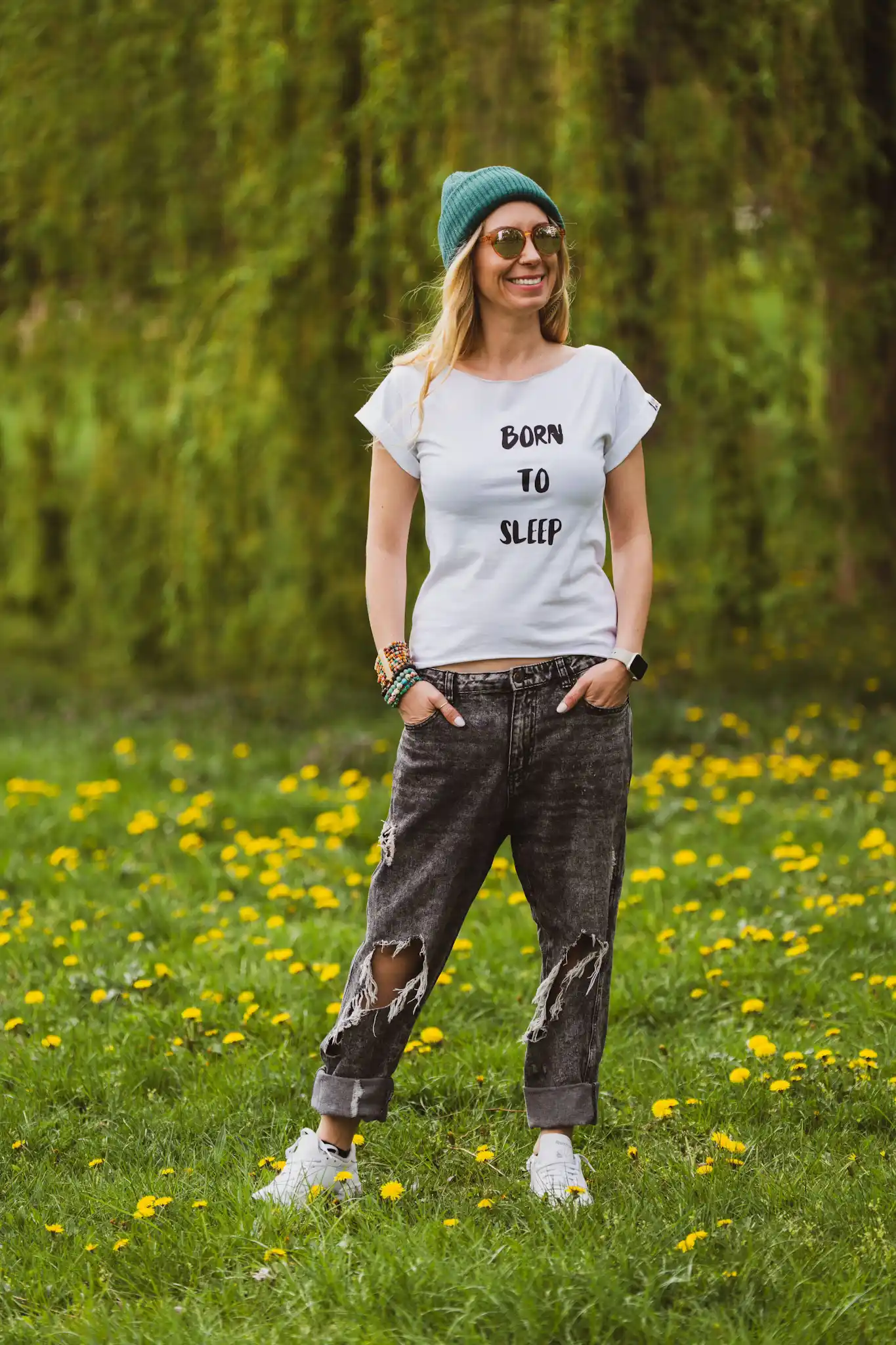 Biała koszulka z napisem Born to Sleep 52 t shirt oversize biala bawelna