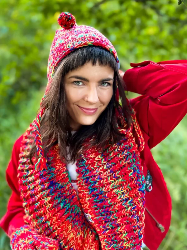 Komin MERINO 50% ręcznie robiony "Czerwienie" 12 Ręcznie robiony czerwony komin, zawijany na dwa razy