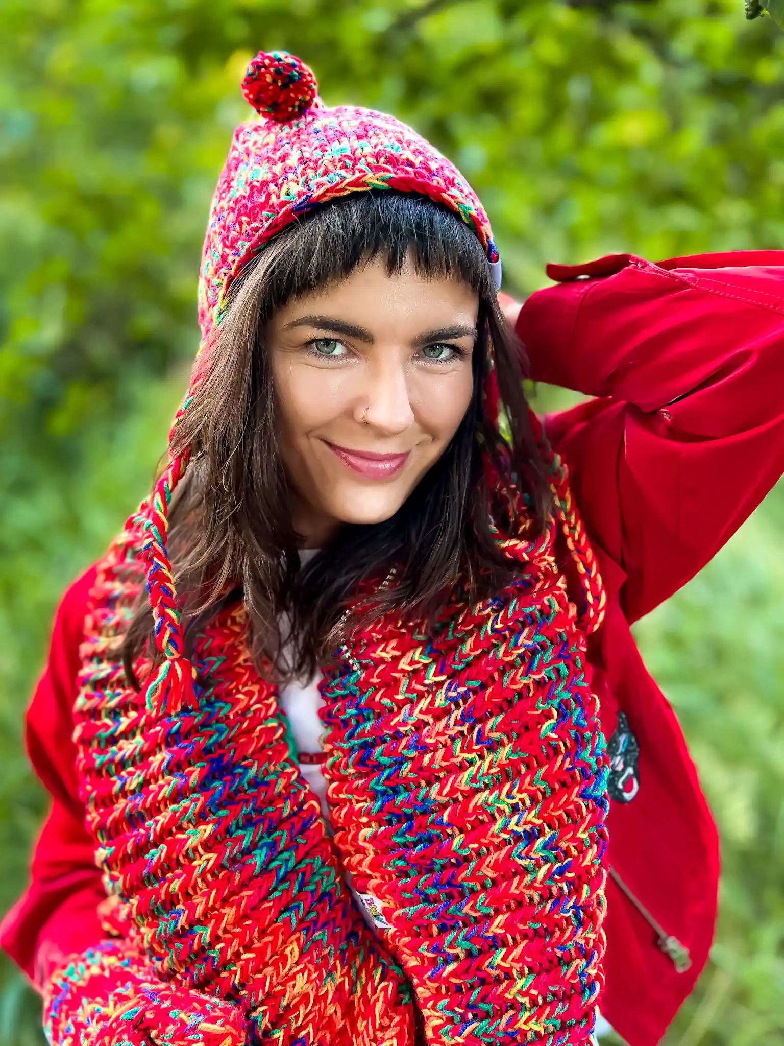 Komin MERINO 50% ręcznie robiony "Czerwienie" 53 Ręcznie robiony czerwony komin, zawijany na dwa razy