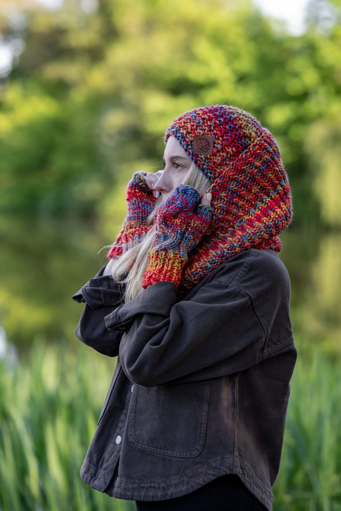 Komin MERINO 100% „Przygaszone Czerwienie” 56 czapka i komin na zimę