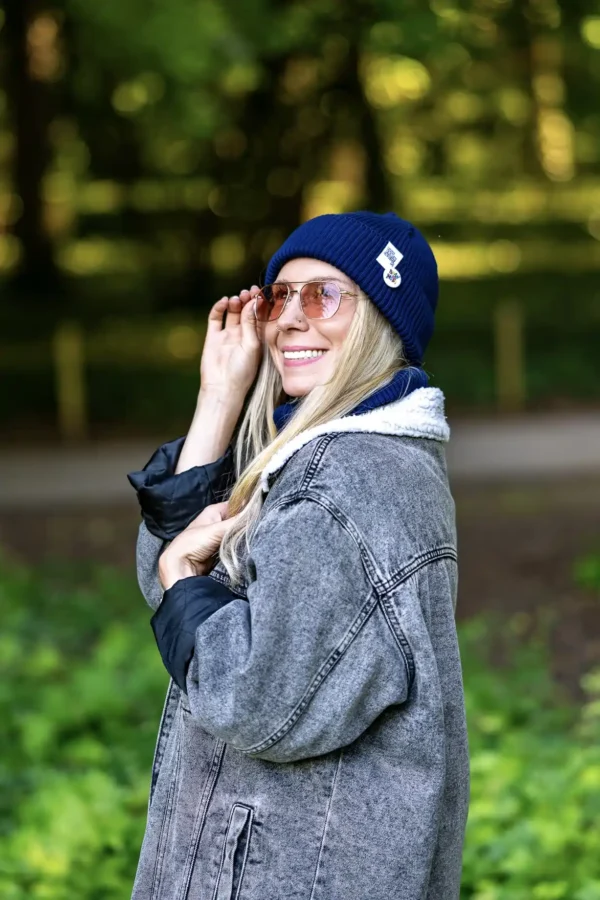Damska czapka beanie z bawełny logo kolorowe "Ciemny Granat Navy" 10 czapka na jesień i zimę