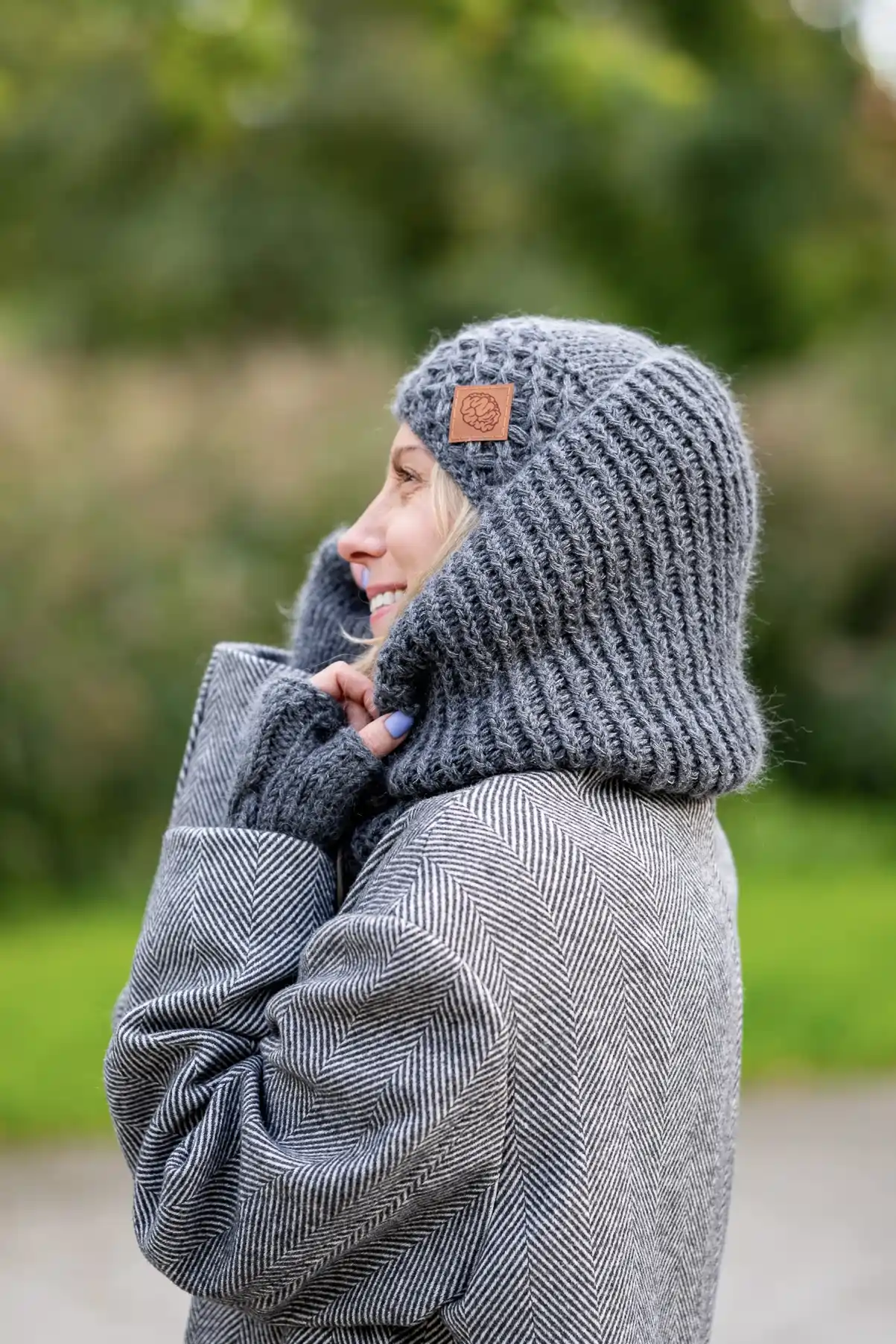 Czapka MERINO 67% Hope "Ciemny Szary" + podszewka JEDWAB 184 komplet czapka i komin