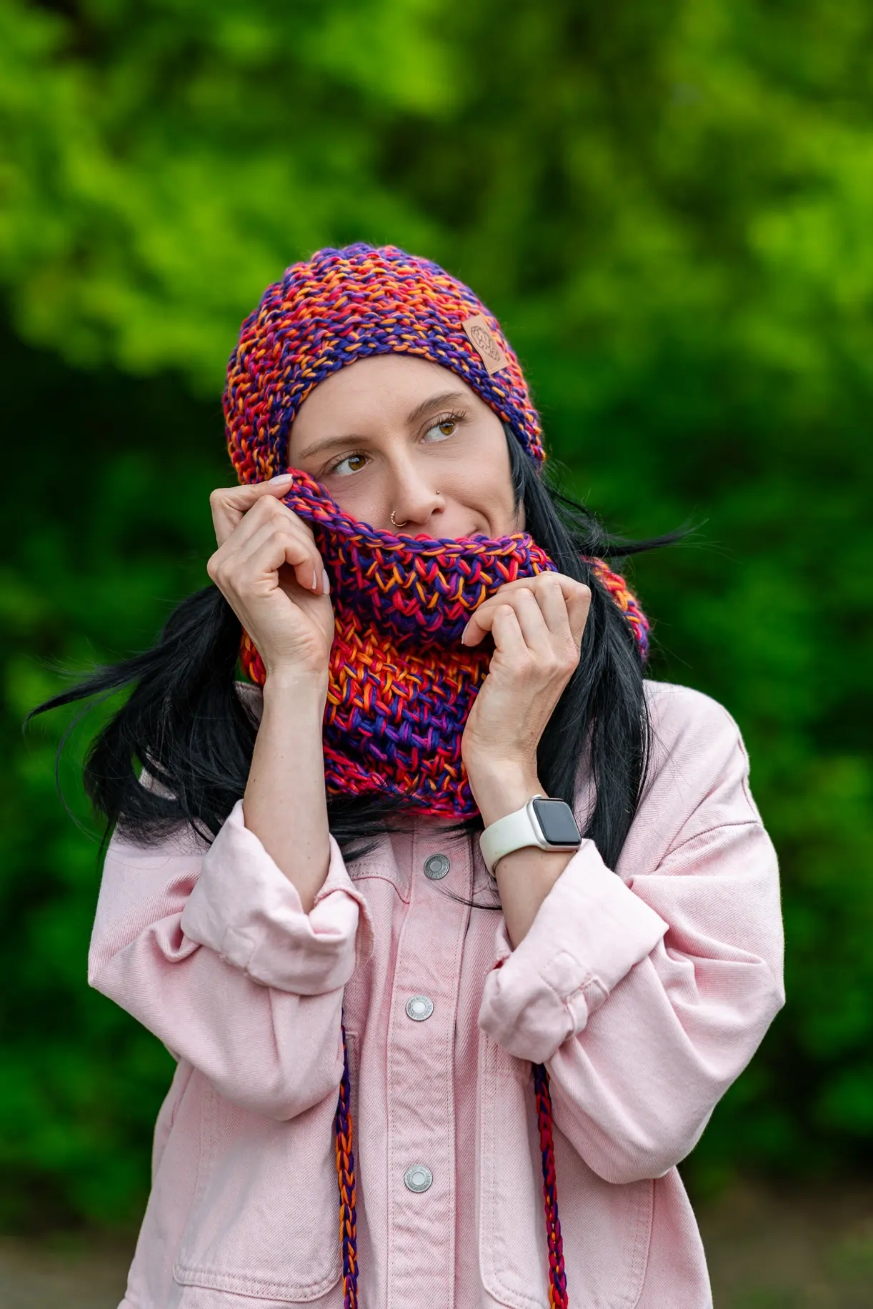 Czapka MERINO Neverland "Fiolety" + podszewka BAWEŁNA 102 mały komin damski