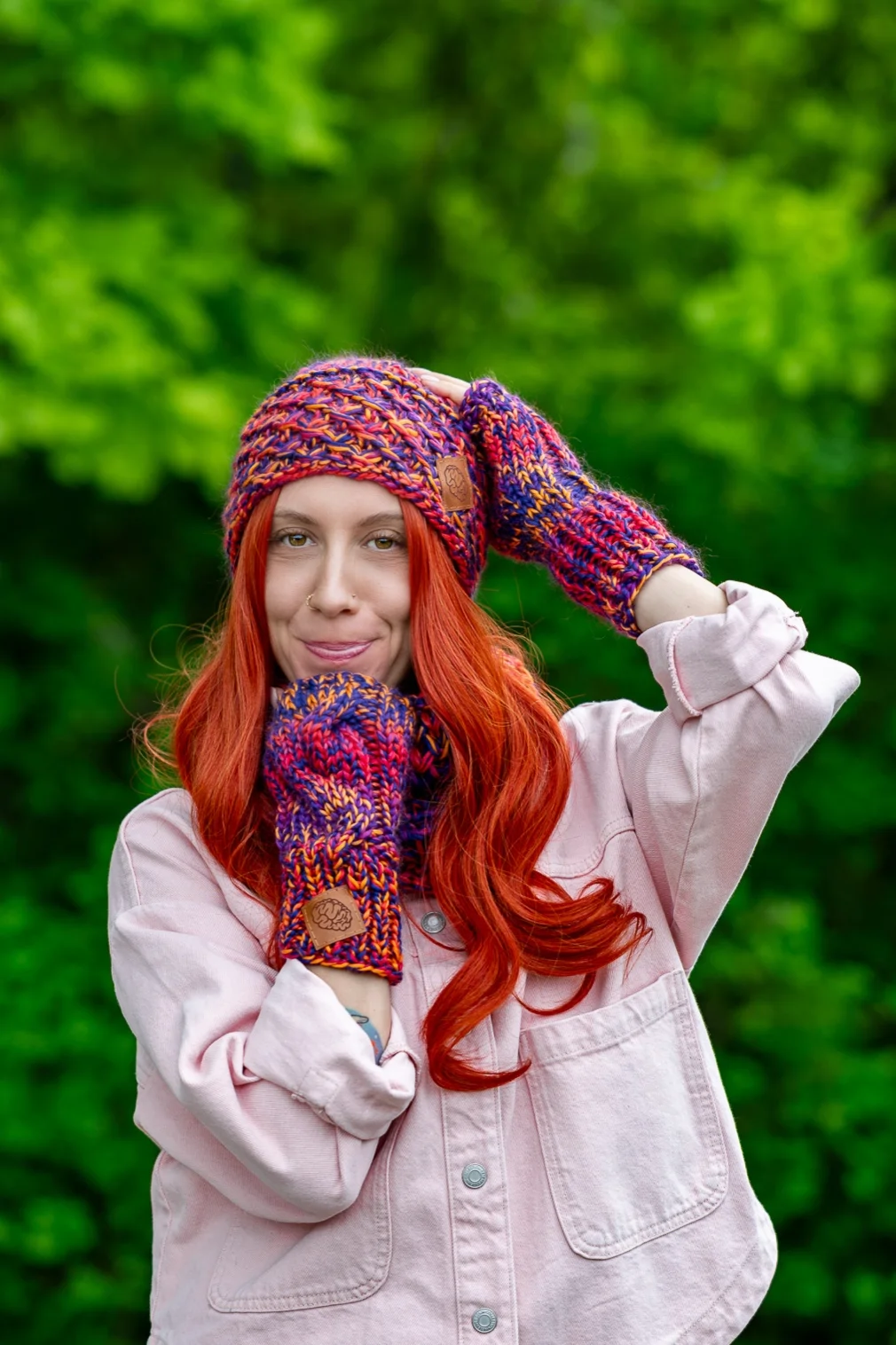 Czapka MERINO 100% Hope "Fiolety" + podszewka BAWEŁNA 146 mitenki i czapka komplet