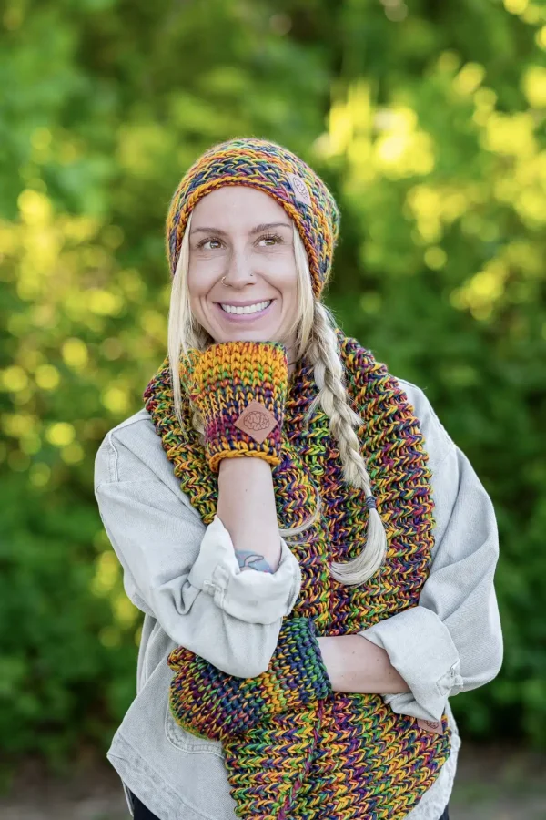 Komin MERINO 100% „Kolory” 35 prosta czapka dziergana