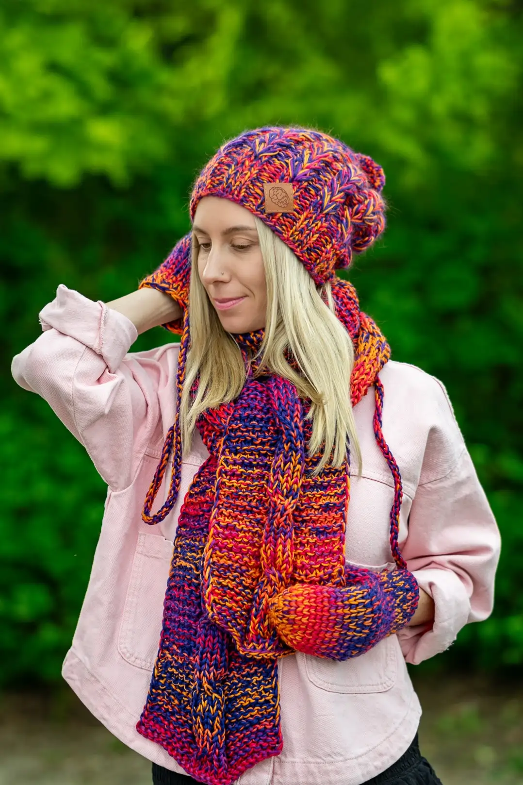 Czapka MERINO 100% Smile "Fiolety" + podszewka BAWEŁNA 58 ręcznie robione rękawiczki damskie