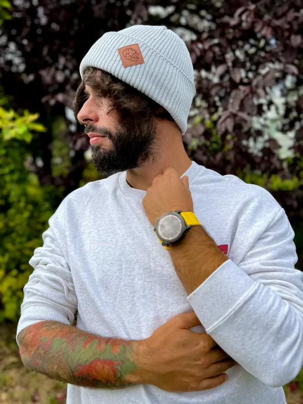 Męska bawełniana czapka beanie logo ekoskórka "Jasny szary" 15 Bawełniana dokerka męska szara