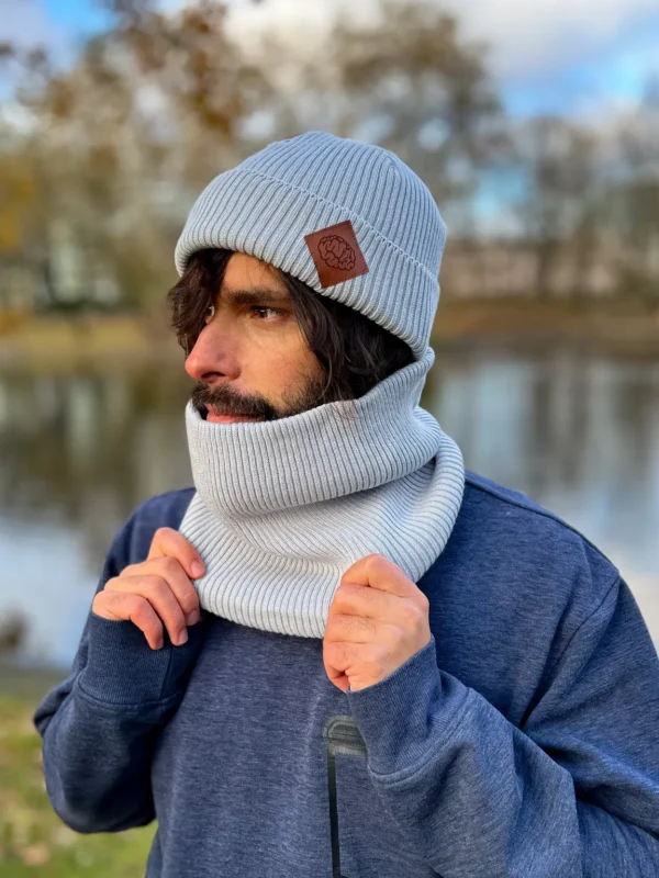 Męska bawełniana czapka beanie logo ekoskórka "Jasny szary" 11 Jasny szary komin z bawełny