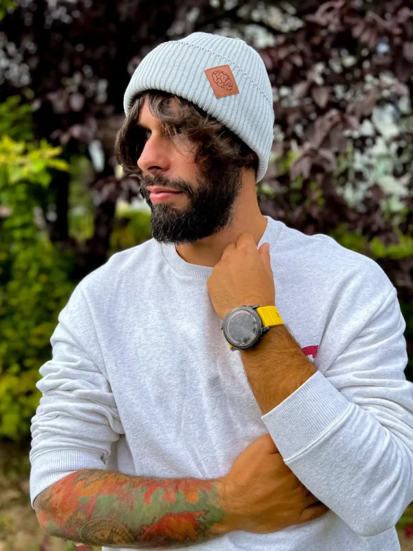 Męska bawełniana czapka beanie logo ekoskórka "Jasny szary" 13 Jesienna czapka męska