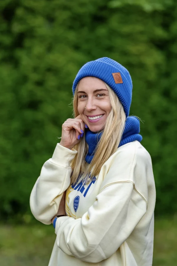 MERINO czapka beanie logo ekoskórka "Niebieski Kobalt" 12 czapka merino na zimę