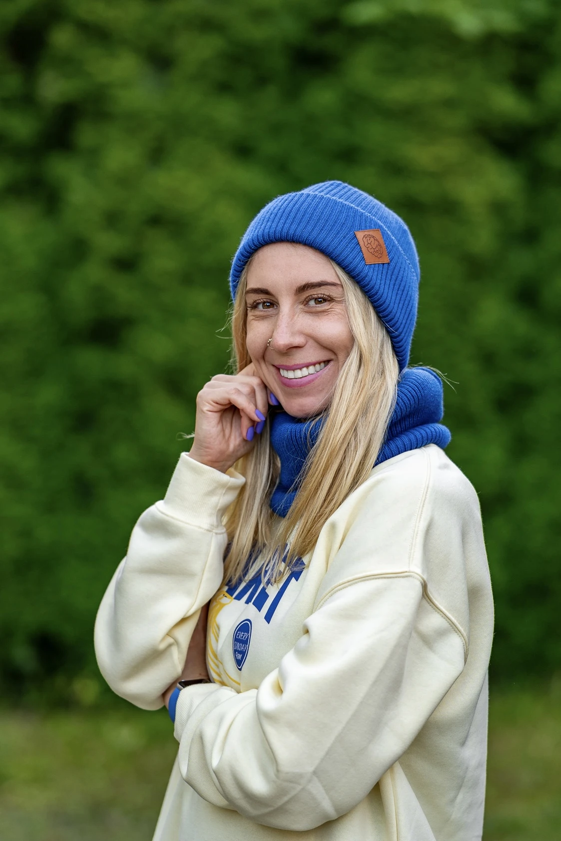 MERINO czapka beanie logo ekoskórka "Niebieski Kobalt" 38 czapka merino na zimę