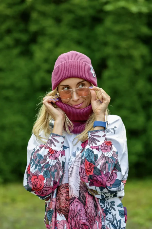 Damski zimowy buff MERINO "Palona Malina" 15 malinowa czapka z kominem