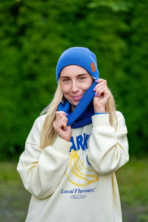 Czapka long MERINO logo ekoskórka "Niebieski Kobalt" 12 niebieski komplet damski merino