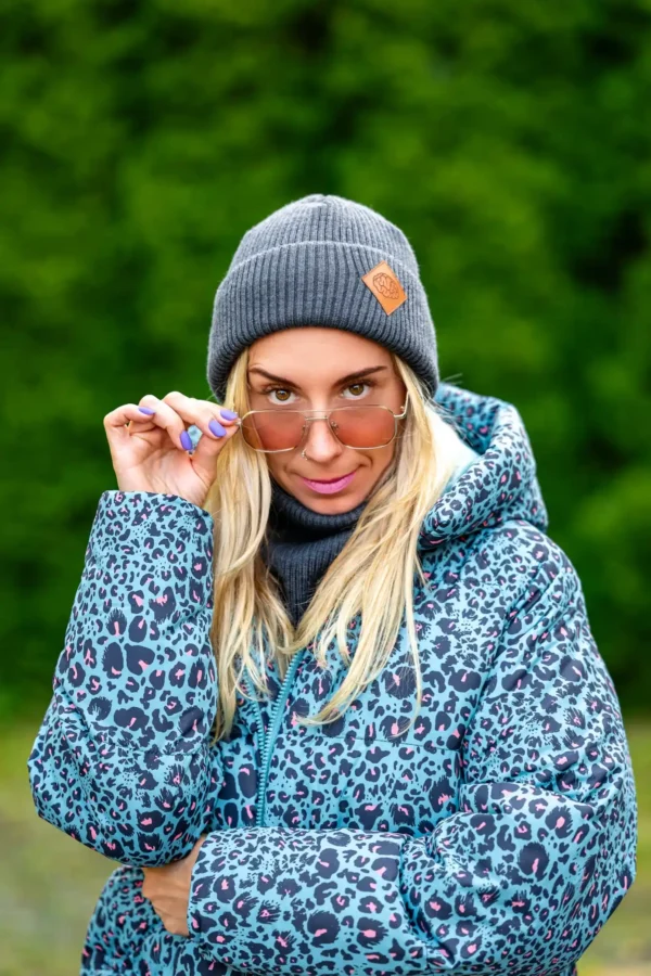 Czapka beanie MERINO logo ekoskórka "Ciemny Szary" 9 uniwersalna czapka damska