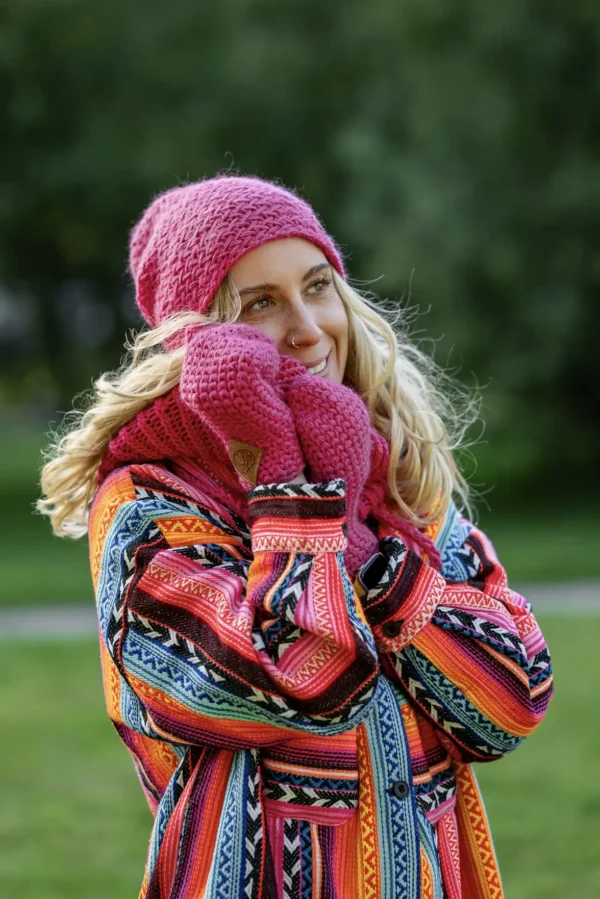 Komin MERINO 67% „Malina” 16 rękawiczki z dodatkiem jedwabiu